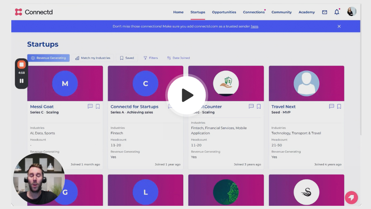 Connectd Platform - Startups Tab